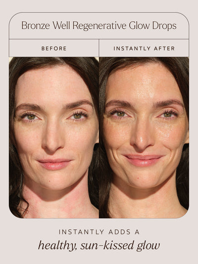 Before and after comparison showcasing the instant radiant glow and improved skin moisture achieved with True Botanicals Bronze Well Regenerative Glow Drops.