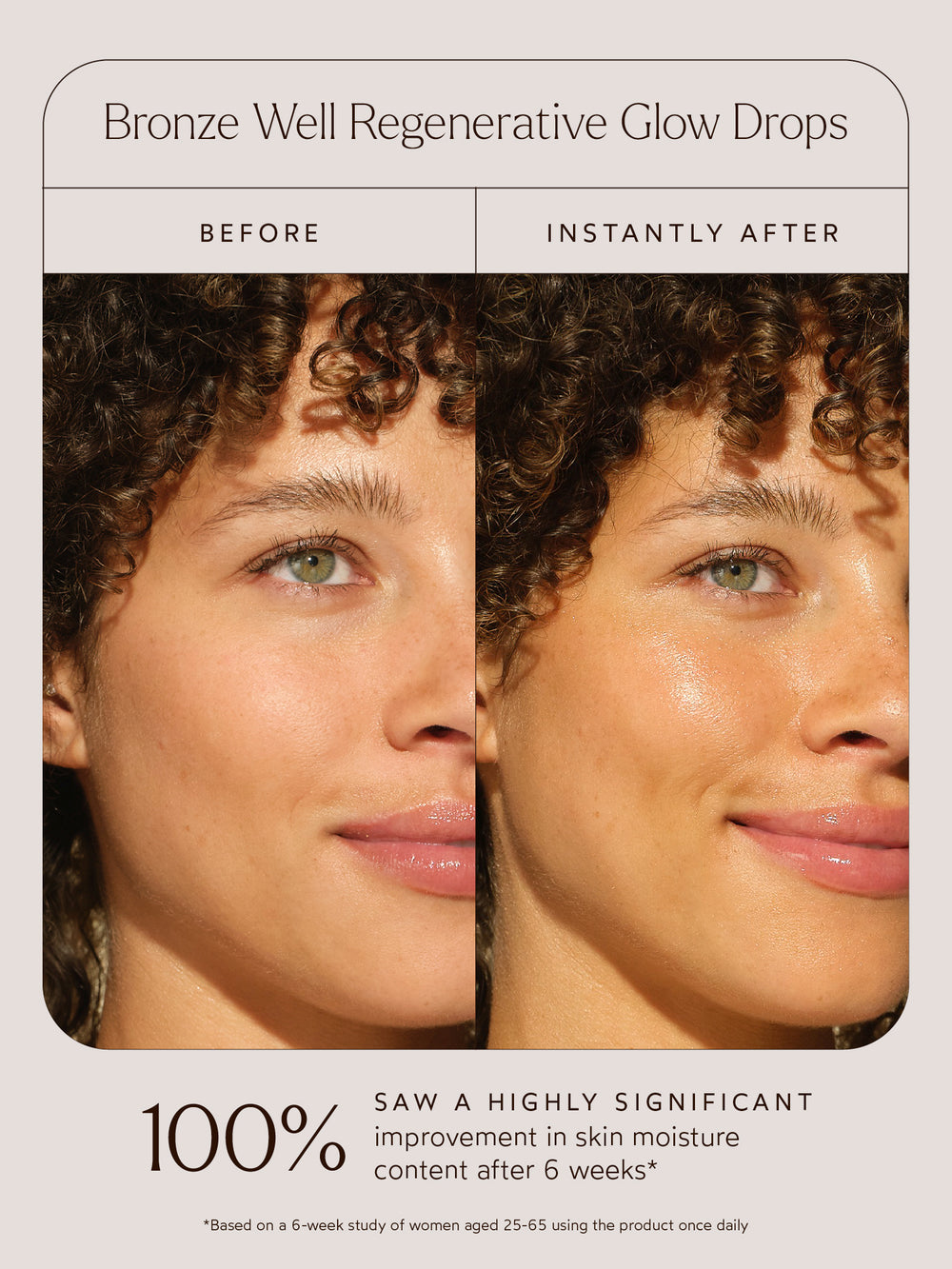 Before and after comparison showcasing the instant radiant glow and improved skin moisture achieved with True Botanicals Bronze Well Regenerative Glow Drops.