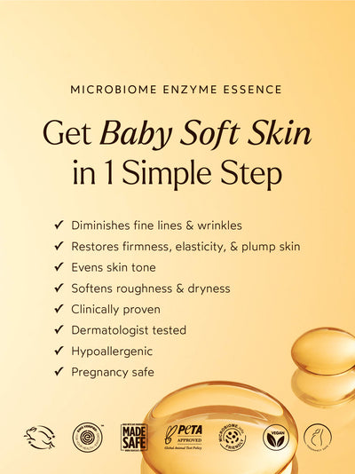 Microbiome Enzyme Essence benefits highlighted on a soft bubbly background.