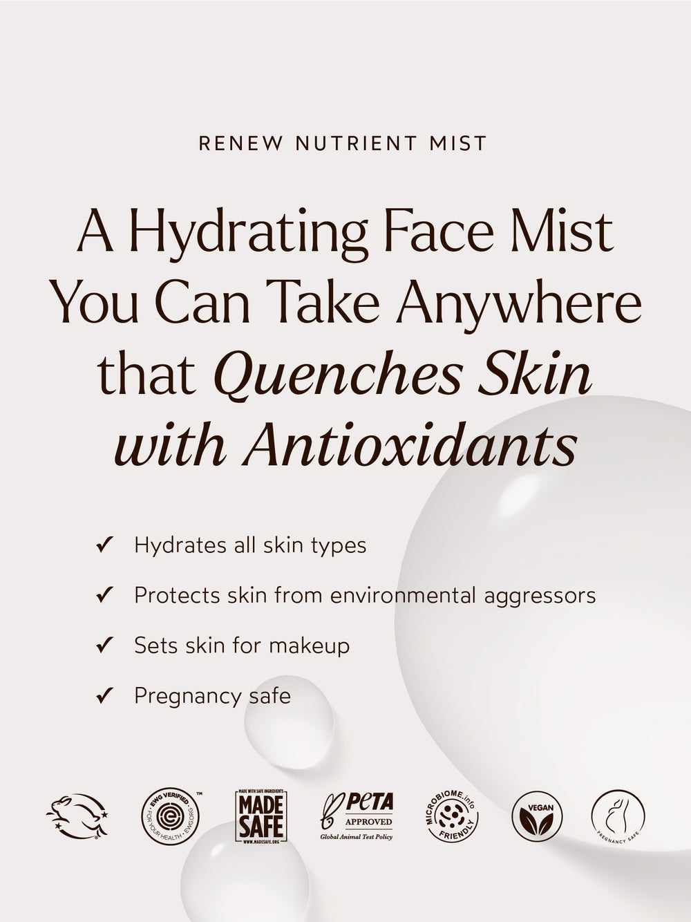Renew Nutrient Mist benefits highlighted, emphasizing its hydrating, antioxidant-rich formula that protects from environmental aggressors and preps skin for makeup.