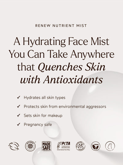 Renew Nutrient Mist benefits highlighted, emphasizing its hydrating, antioxidant-rich formula that protects from environmental aggressors and preps skin for makeup.