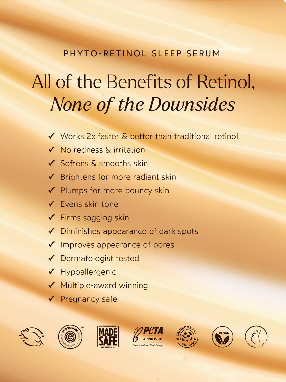 Phyto-Retinol Sleep Serum benefits highlighted on a warm, radiant background, emphasizing its retinol-like effects without irritation, including smoothing, brightening, and firming the skin.