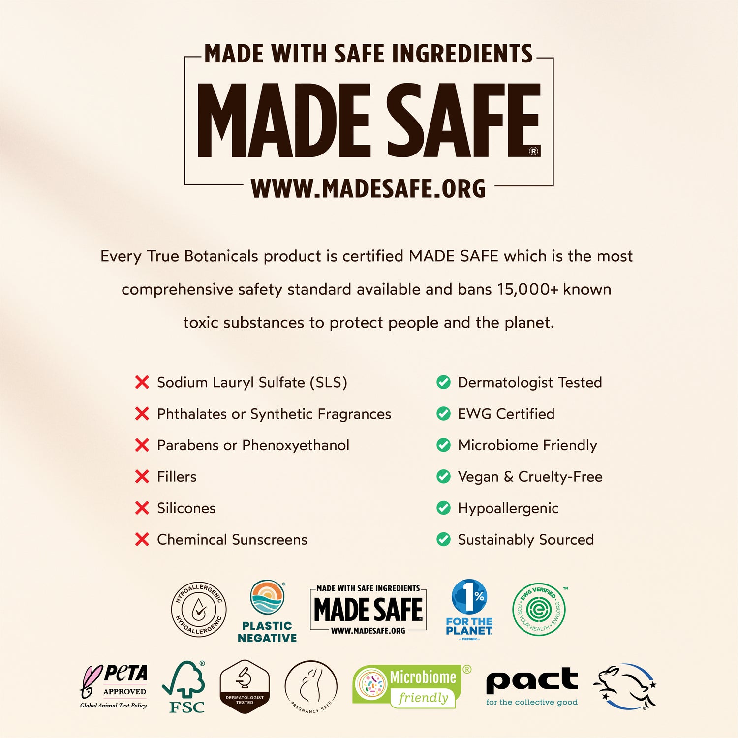 MADE SAFE® certified graphic for True Botanicals, highlighting products made without SLS, parabens, phthalates, or chemical sunscreens, and verified as vegan, cruelty-free, EWG Certified, and microbiome friendly. Includes logos for PETA, 1% for the Planet, FSC, and more.