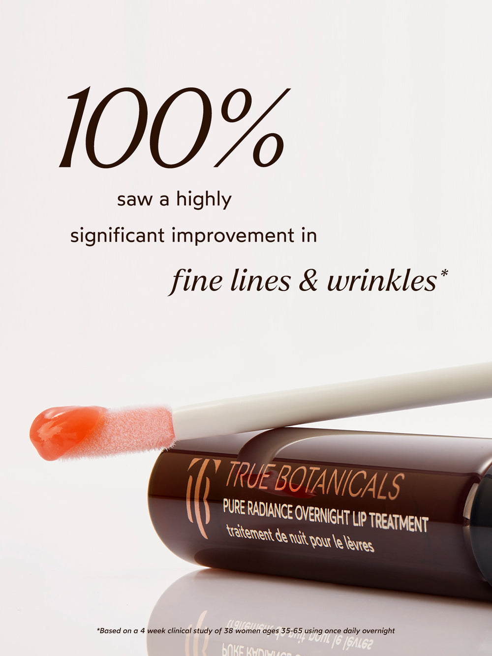 This image highlights the True Botanicals Pure Radiance Overnight Lip Treatment with a clinical claim: "100% saw a highly significant improvement in fine lines & wrinkles." The product is showcased with its applicator, which features a glossy peach-hued formula, suggesting rich hydration and targeted care. The clean design and clinical note at the bottom emphasize the product's efficacy, supported by a four-week study. This conveys a blend of luxury and science-backed results.