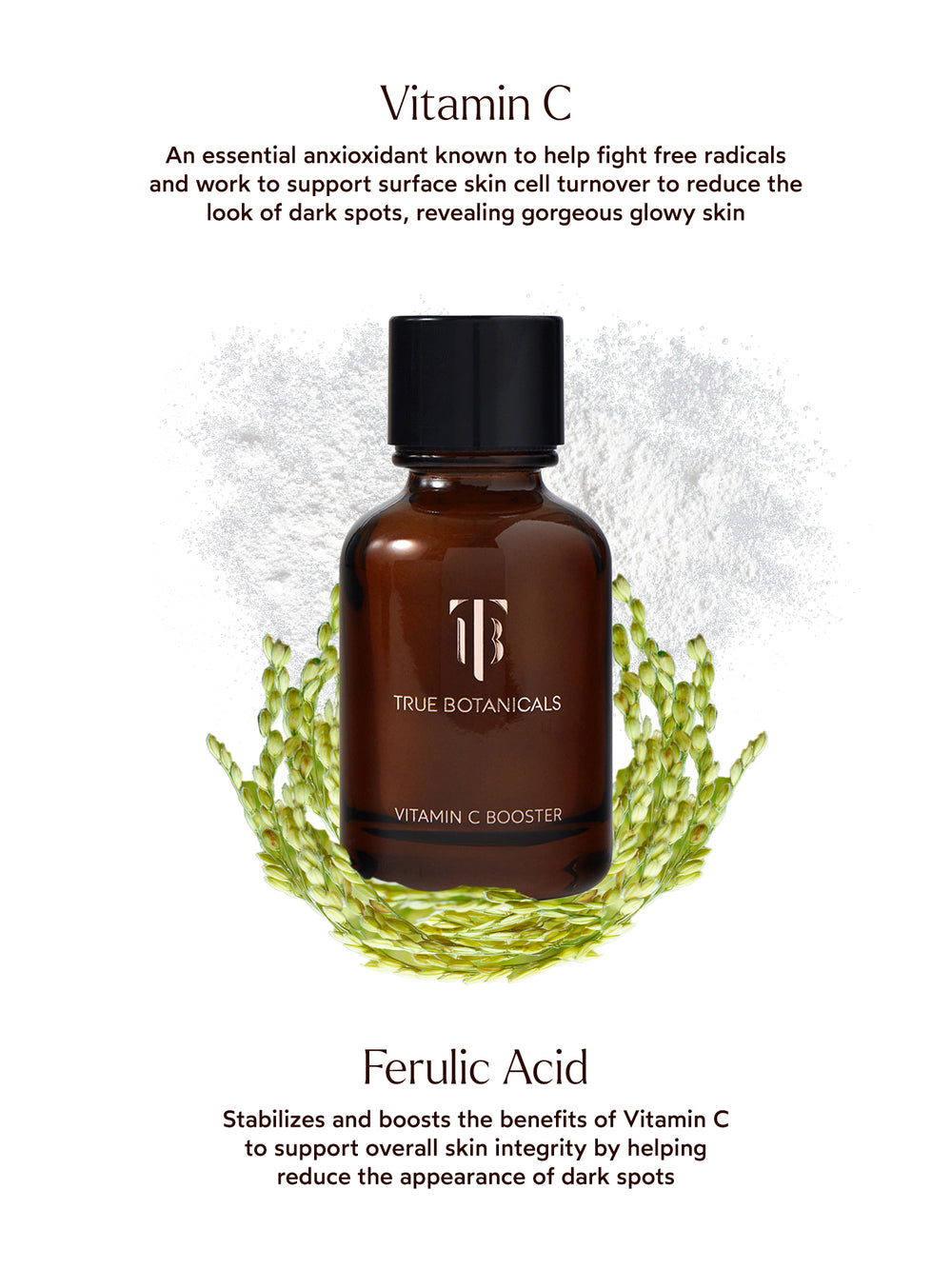 Vitamin C is an essential antioxidant that helps fight free radicals, supports skin cell turnover, and reduces the look of dark spots for a glowing complexion. Ferulic Acid enhances and stabilizes Vitamin C, improving skin integrity while further minimizing the appearance of dark spots.